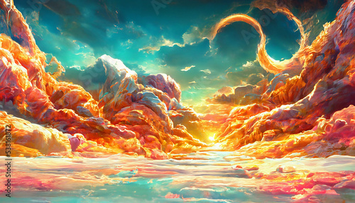 Dreamy dawn sky background. Shining clouds at sunset digital illustration