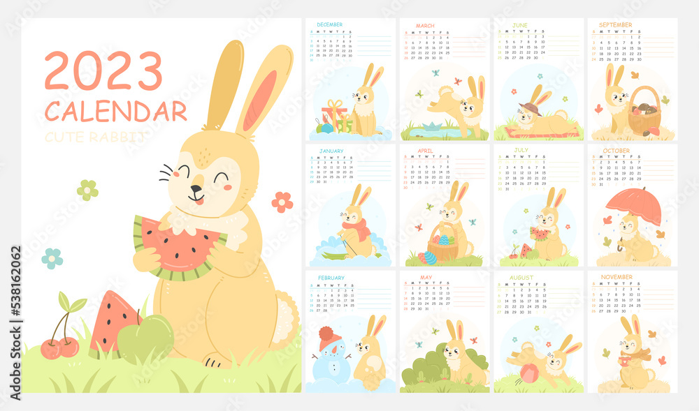 Design a children's vertical calendar for 2023 with cute illustrations with a rabbit character. 2023 is the year of the rabbit. 12 months. Wall calendar template. Design a children's vertical calendar for 2023 with cute illustrations with a rabbit character. 2023 is the year of the rabbit. 12 months. Wall calendar template.