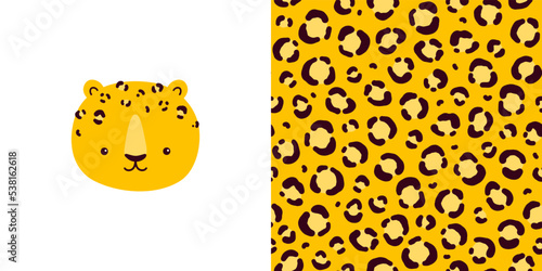 ector collection - print with cute leopard character plus seamless pattern with animal skins