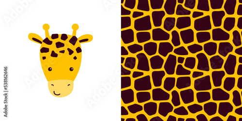 Vector collection - print with cute giraffe character plus seamless pattern with animal skins