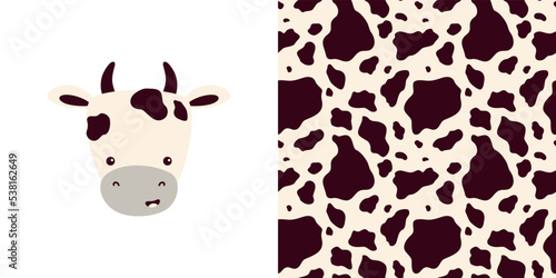 Vector collection - print with cute cow character plus seamless pattern with animal skins