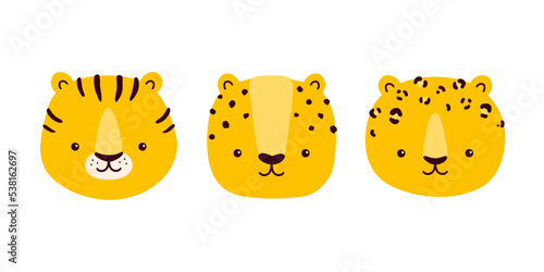 Cute vector animal characters. The muzzle of a tiger, leopard and cheetah. Isolated on white background