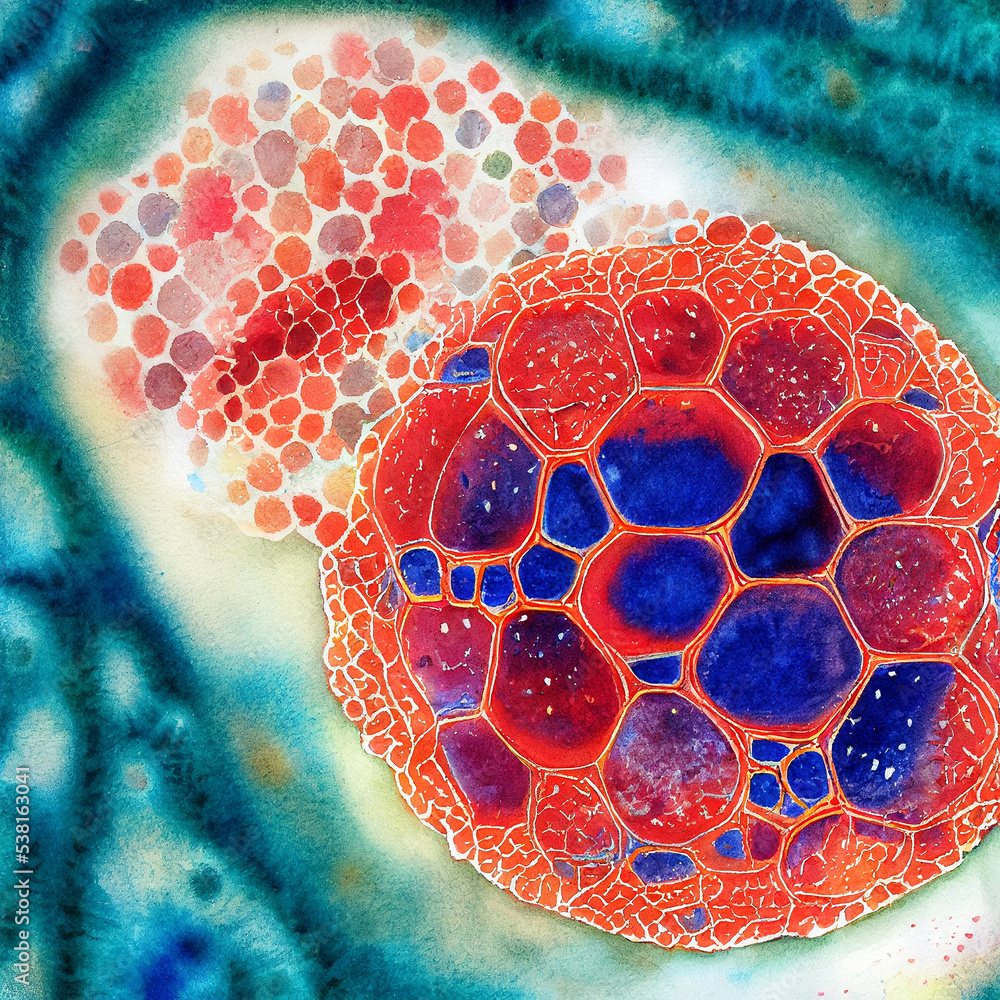 medical illustration: bacteriophage released by burst cell (watercolor ...