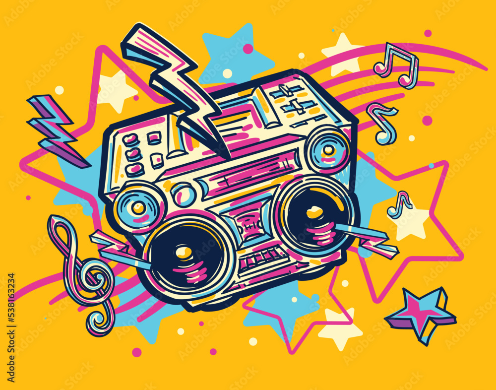 Music design - funky drawn colorful boom box tape recorder 