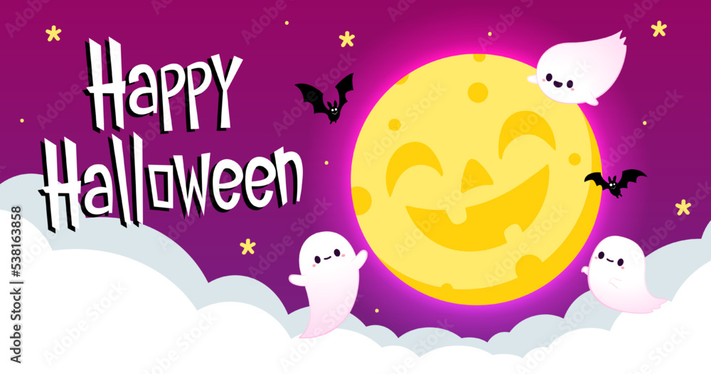 Happy halloween party greeting card with cute ghost. Holidays cartoon character. Trick or treat. Halloween funny cartoon.