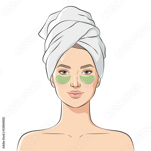 Woman with eye patches. Beautiful young woman face with bath towel on her head, vector illustration