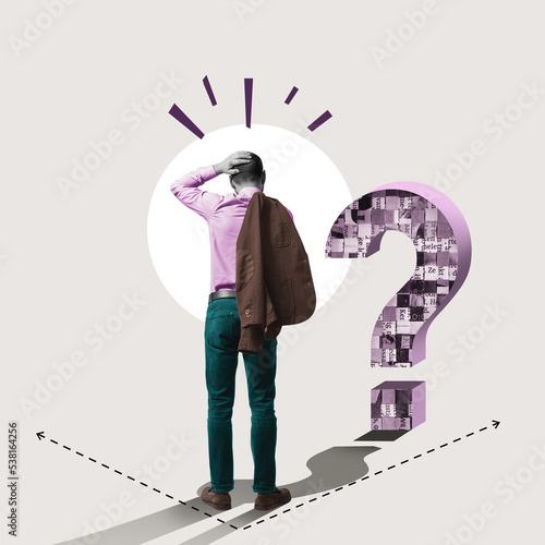 Canvastavla Businessman in front of a question mark. Art collage.