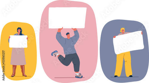 Vector illustration of people giving presentation with white empty banners.
