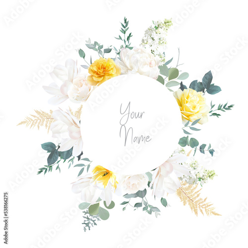 Yellow rose, peony, white lilac, tulip, spring garden flowers, mint eucalyptus, greenery, fern,vector design frame