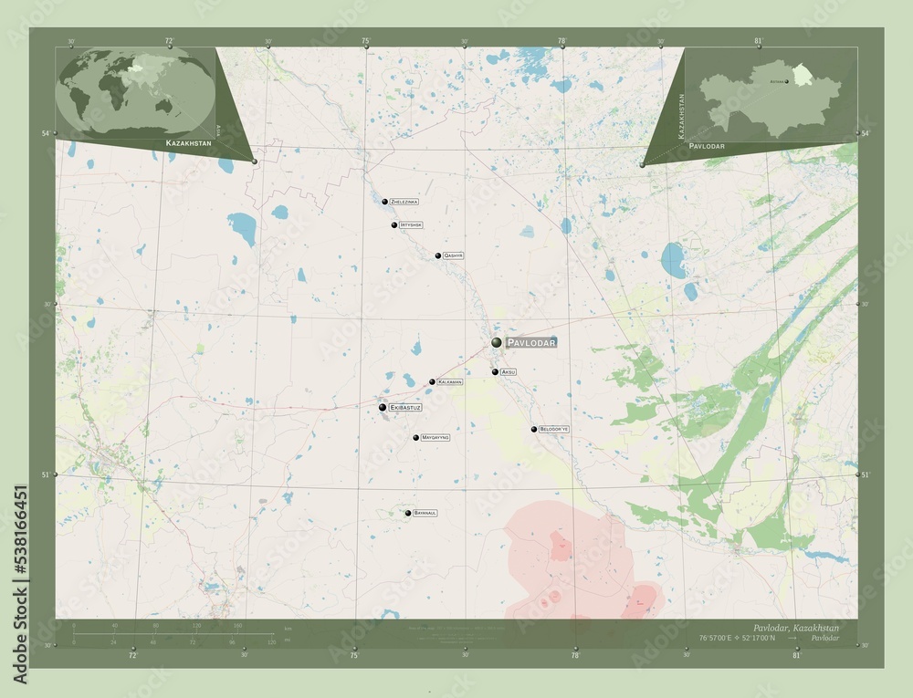 Fototapeta premium Pavlodar, Kazakhstan. OSM. Labelled points of cities