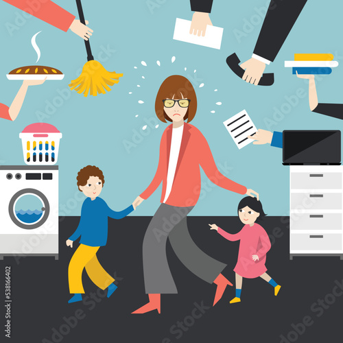 Multitask woman. Mother, businesswoman with children, working, coocking and calling.