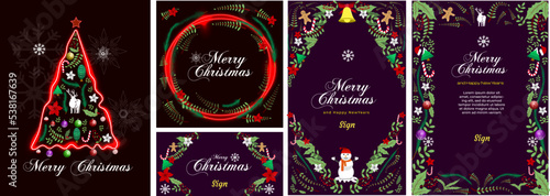 Set of banner Christmas  Happy New Year Floral Card templates