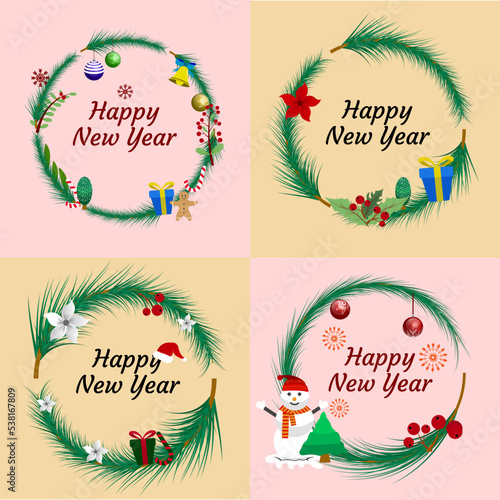 Set of circle frame tree Christmas day and happy new year