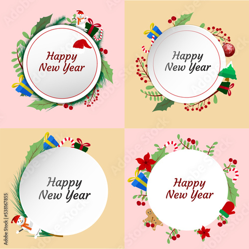 Set of Vector illustration circle frame white christmas day