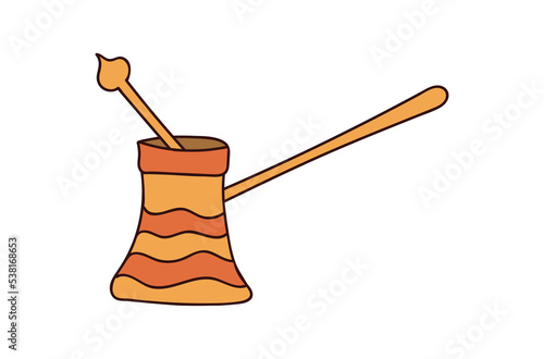 Turkish coffee pot colorful doodle illustration. Turkish coffee pot illustration in vector. Cezve illustration. Copper cezve colorful doodle illustration