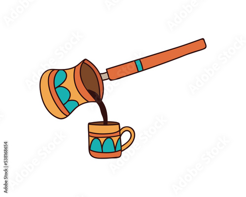Turkish coffee pot and cup colorful doodle illustration. Turkish coffee pot and cup illustration in vector. Cezve illustration. Copper cezve colorful doodle illustration