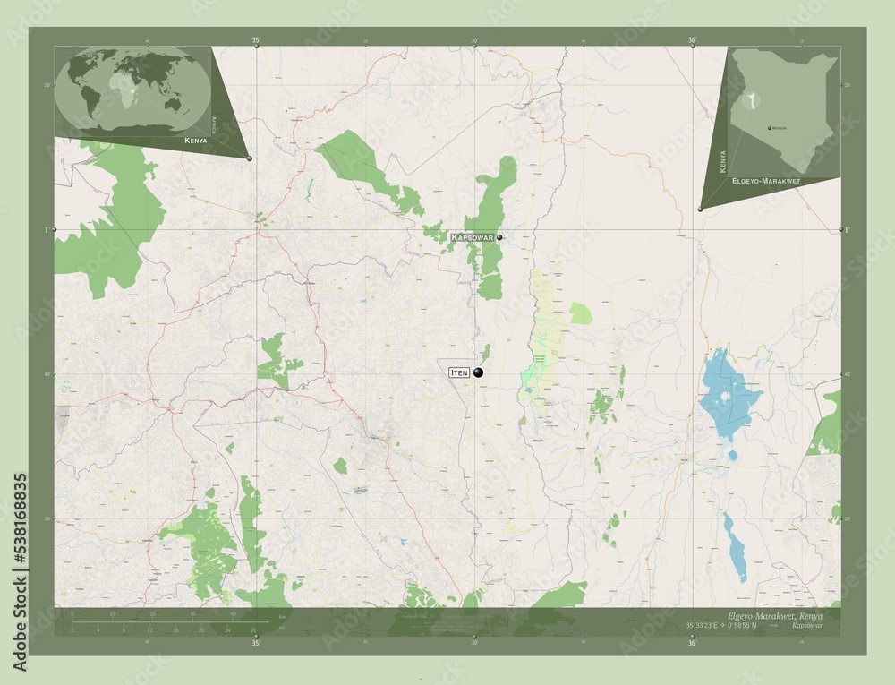 Fototapeta premium Elgeyo-Marakwet, Kenya. OSM. Labelled points of cities