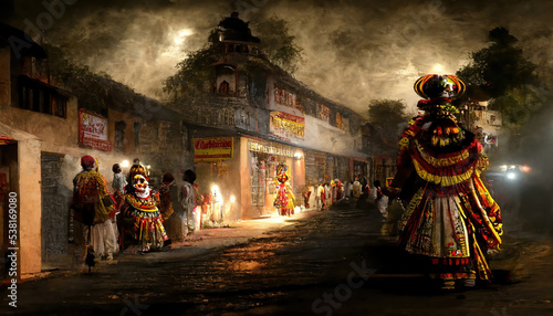 AI generated image of Yakshagana traditional Karnataka dance form artists at a small Karnataka temple town, in India 