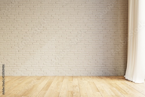 Blank white wall with brick texture inside room, themed background. Template for your content. 3D illustration.