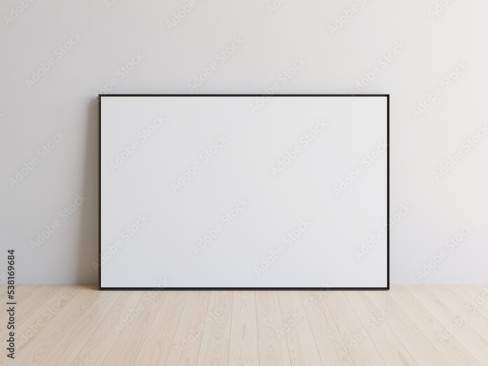 Thin black picture frame, blank landscape oriented picture at white wall. Template for your content. 3D illustration. Thin black picture frame, blank landscape oriented picture at white wall. Template for your content. 3D illustration.