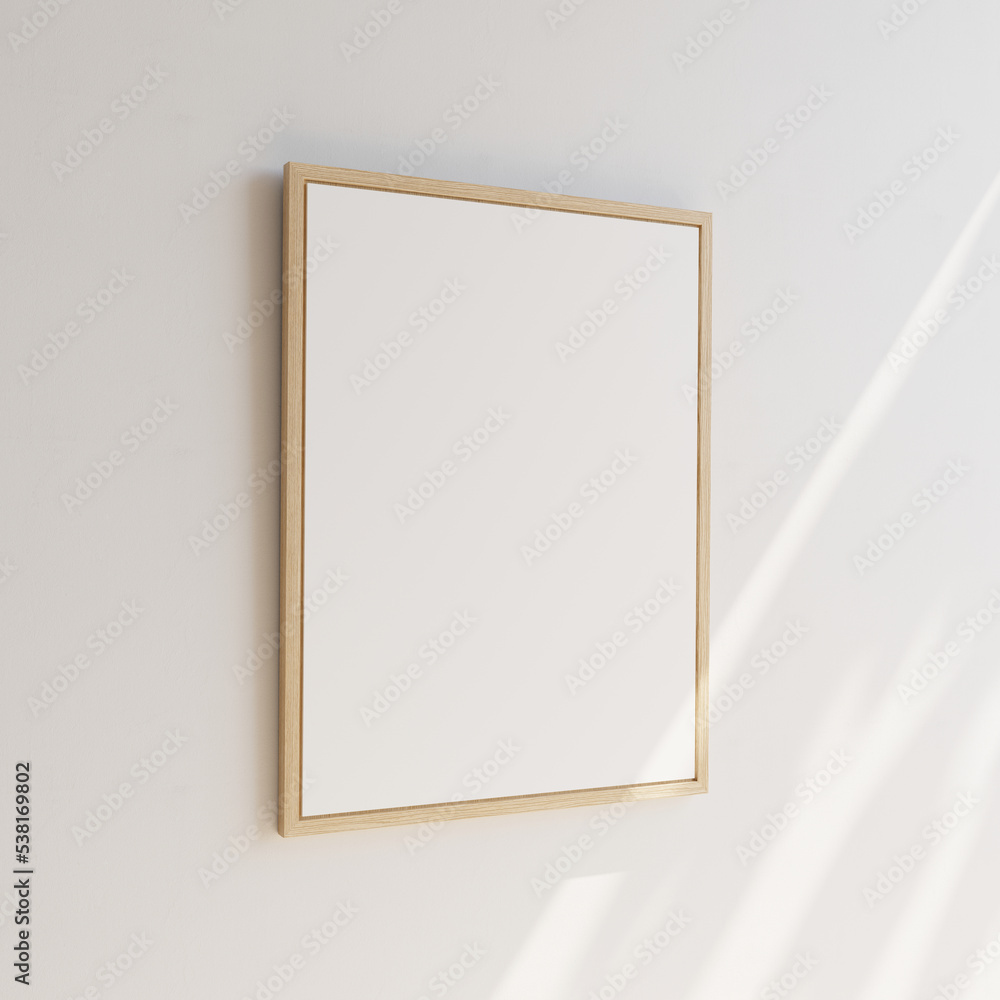 Picture Frame Without Color Single empty wooden picture frame on white background. Sun rays coming ...