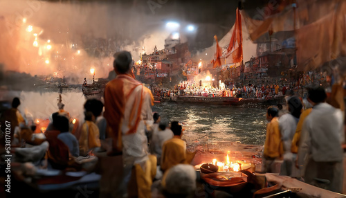 AI generated image of Ganga Aarti in progress at the bank of river Ganga in Varanasi, India photo