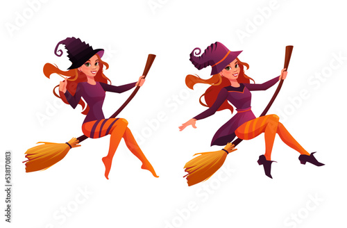 Halloween banner with redheaded witch flying on broom and hand lettering text. Cartoon vector illustration