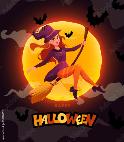 Halloween banner with redheaded witch flying on broom and hand lettering text. Cartoon vector illustration