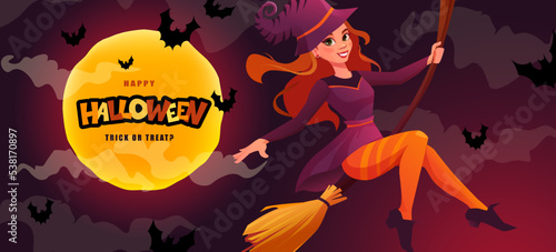 Halloween banner with redheaded witch flying on broom and hand lettering text. Cartoon vector illustration