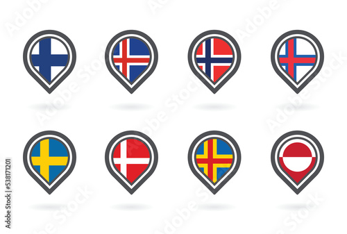 Nordic Council countries and territories Map Point on white background. Finland, Iceland, Norway, the Faroe Islands, Sweden, Denmark,  Aland Islands, and Greenland. Navigation icons set. Vector icon s