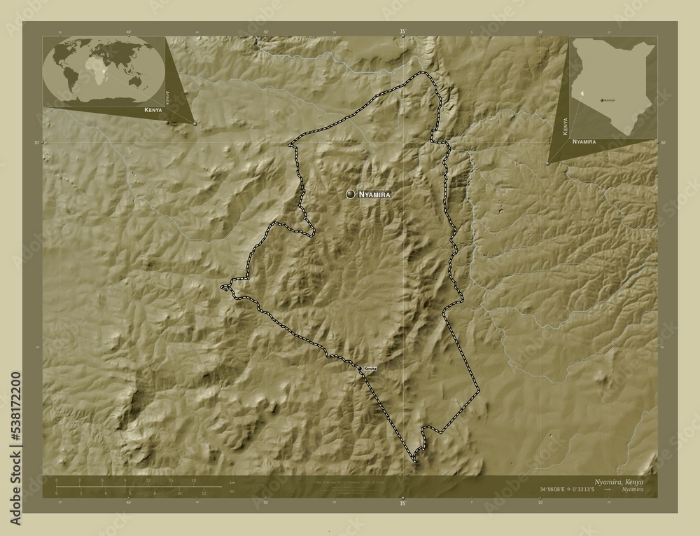 Obraz premium Nyamira, Kenya. Labelled points of cities