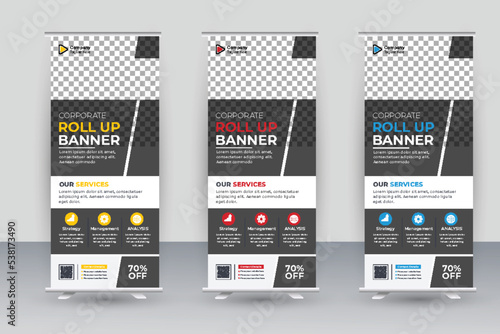 Business Roll Up Banner. corporate Roll up background for Presentation. Vertical roll up, x-stand, exhibition display, Retractable banner stand	
