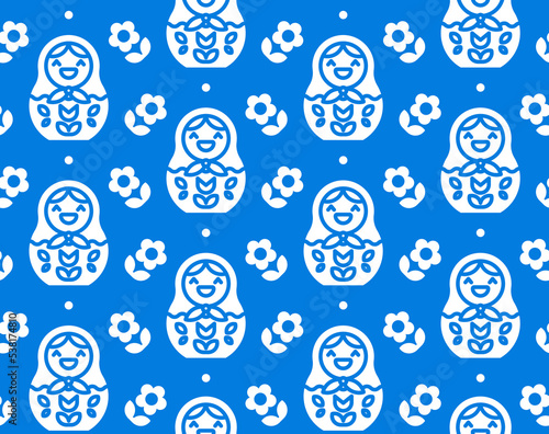 Flat vector background with traditional russian matryoshka symbols. Monochrome seamless pattern design for wrapping paper, wallpapers and fabric