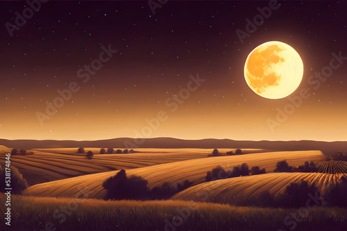 A full harvest moon shines over the fields.