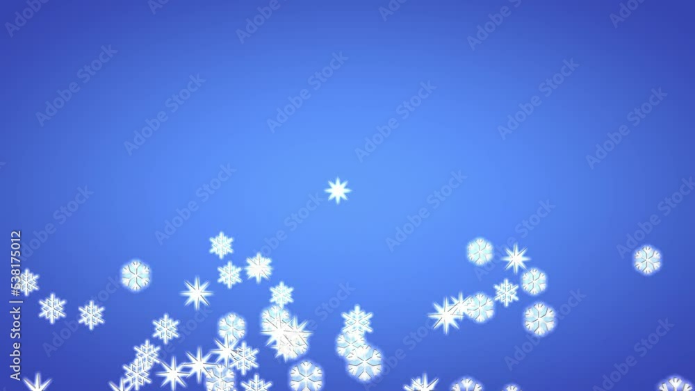 Flying and disappearing snowflakes on a blue background, with space for text. Fairy background for Christmas. 3D animation Flying and disappearing snowflakes on a blue background, with space for text. Fairy background for Christmas. 3D animation