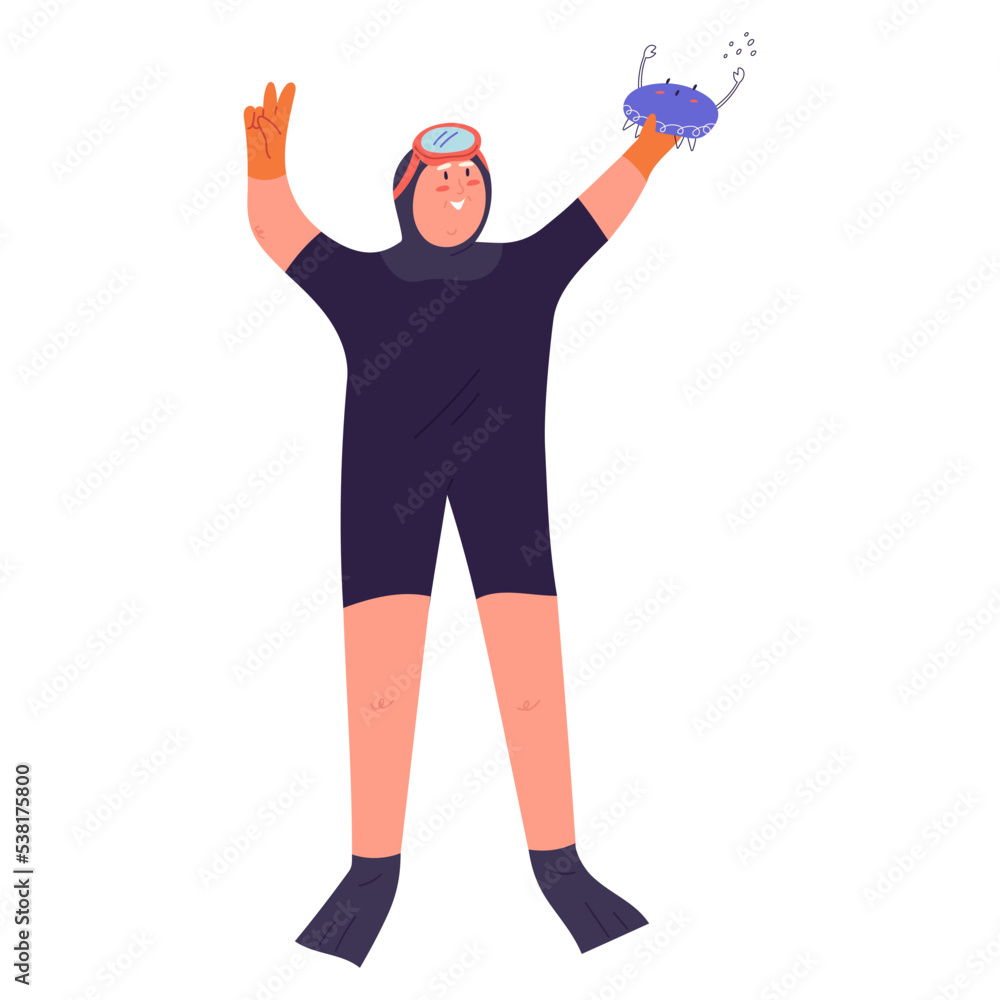 Cute Haenyeo woman holds crab and smiles, flat vector illustration isolated on white background. Cartoon character of diver woman of South Korean jeju island. Cute Haenyeo woman holds crab and smiles, flat vector illustration isolated on white background. Cartoon character of diver woman of South Korean jeju island.