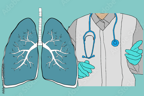 Pulmonology illustration. Flat tiny lungs healthcare persons concept. Abstract respiratory system examination and treatment. Internal organ inspection check for illness, disease or problems.