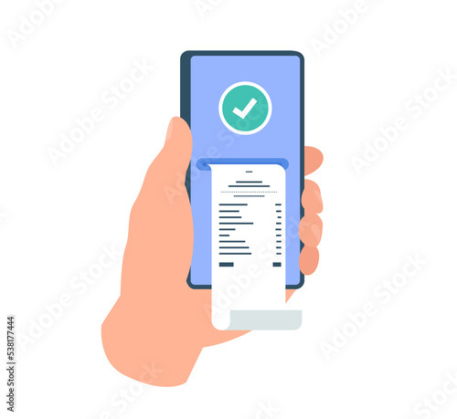 Human hands holding smartphone with paper financial bill on screen. E bill payment transaction. Online payment, digital invoice. Vector illustration isolated on white background.
