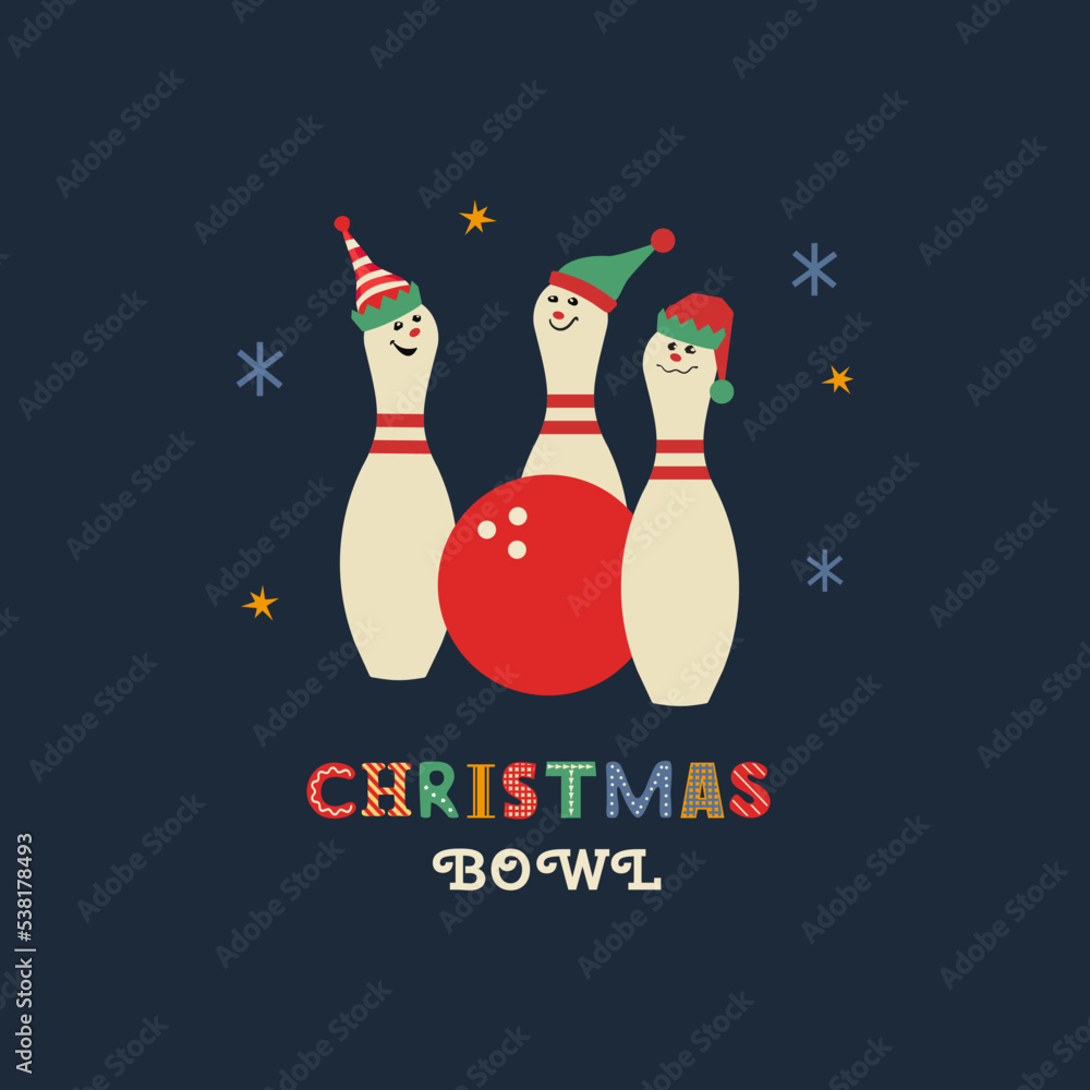 Christmas holiday bowling fancy vector icon. Bowling ball funny pins in Elf hats cartoon design element. Bowling club x-mas holidays invitation template. Christmas party event background illustration Stock Vector | Adobe Stock Christmas holiday bowling fancy vector icon. Bowling ball funny pins in Elf hats cartoon design element. Bowling club x-mas holidays invitation template. Christmas party event background illustration Stock Vector | Adobe Stock