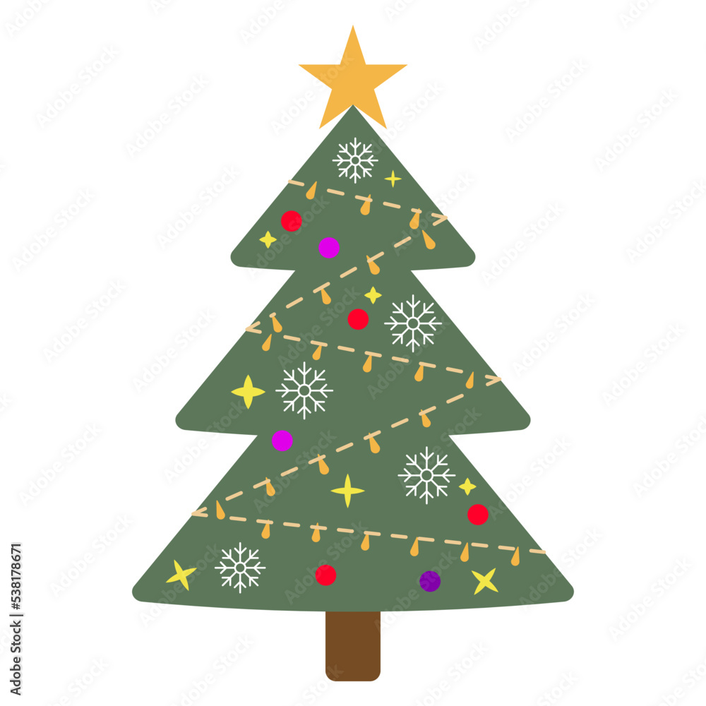 Christmas tree. Evergreen tree with decorations and gifts or toys. Christmas and New Year celebration concept. Cartoon style, colorful drawing Christmas tree. Evergreen tree with decorations and gifts or toys. Christmas and New Year celebration concept. Cartoon style, colorful drawing