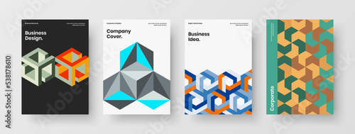 Trendy mosaic hexagons flyer layout set. Clean company brochure design vector illustration composition.