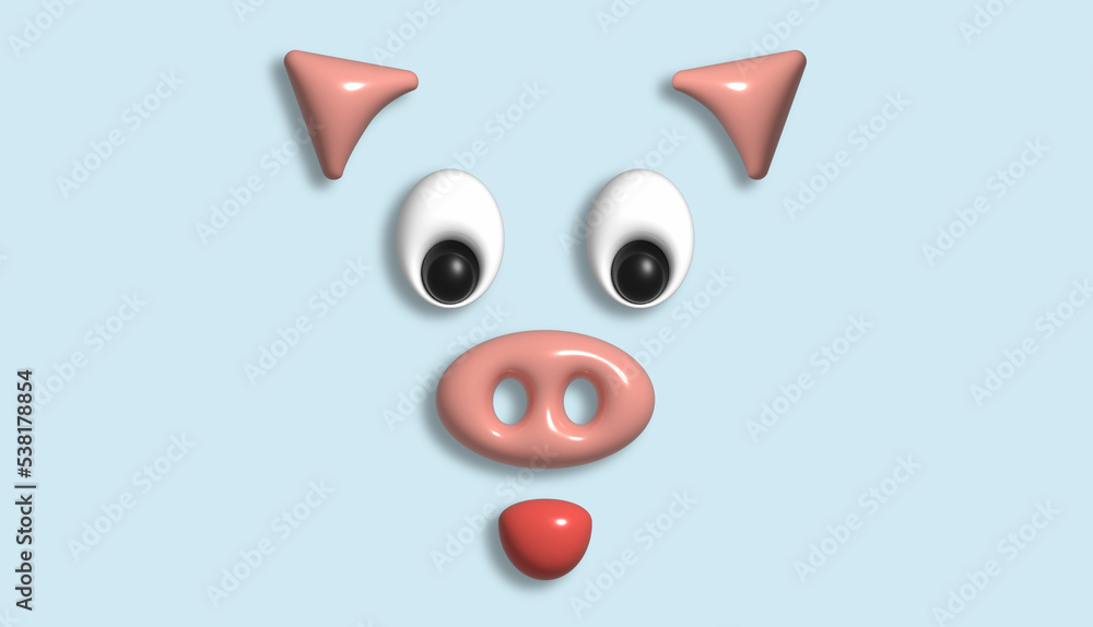 The muzzle of a piglet with a pink patch on a blue background. Cartoon 3d illustration The muzzle of a piglet with a pink patch on a blue background. Cartoon 3d illustration