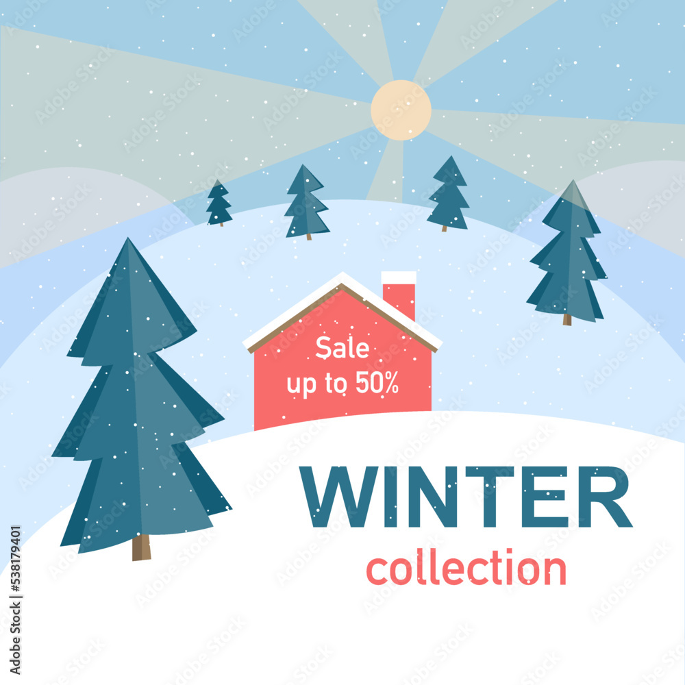 Winter sale vector poster or banner set with discount text and snow elements in snowflakes background for shopping - promotion. Sale up to 50%. Vector illustration.