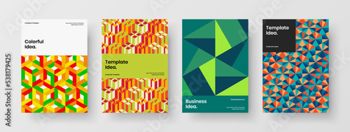 Minimalistic magazine cover A4 vector design illustration composition. Colorful mosaic pattern corporate brochure concept bundle.