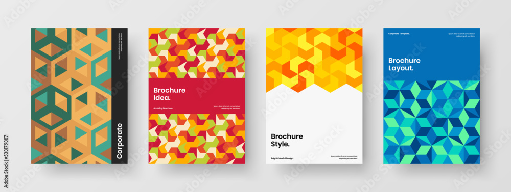 Bright geometric shapes placard concept bundle. Minimalistic corporate identity A4 vector design layout composition.