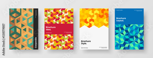 Bright geometric shapes placard concept bundle. Minimalistic corporate identity A4 vector design layout composition.