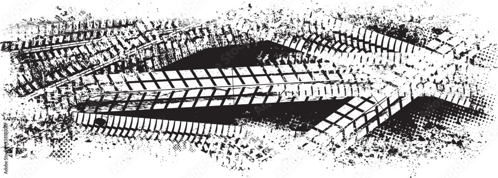 Vector Print Textured Tire Track banner. Design Element . Car tread silhouette . Mud splash grunge texture. 