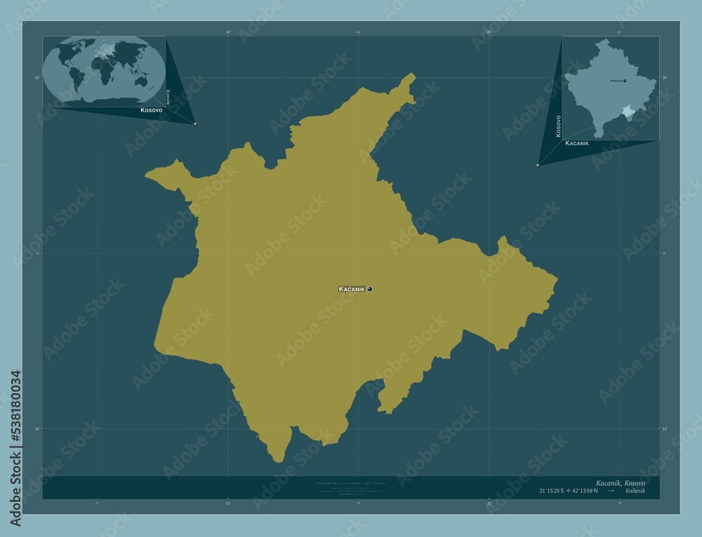 Kacanik, Kosovo. Solid. Labelled points of cities