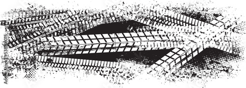 Vector Print Textured Tire Track banner. Design Element . Car tread silhouette . Mud splash grunge texture. 