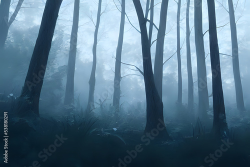 terrifying night forest with white smoke